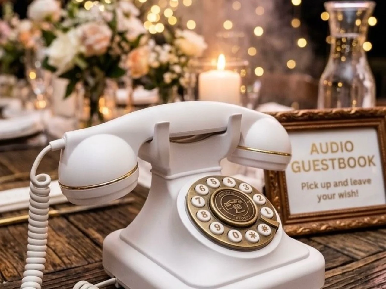 Weißes Vintage-Telefon als Audio-Gästebuch auf einem Holztisch