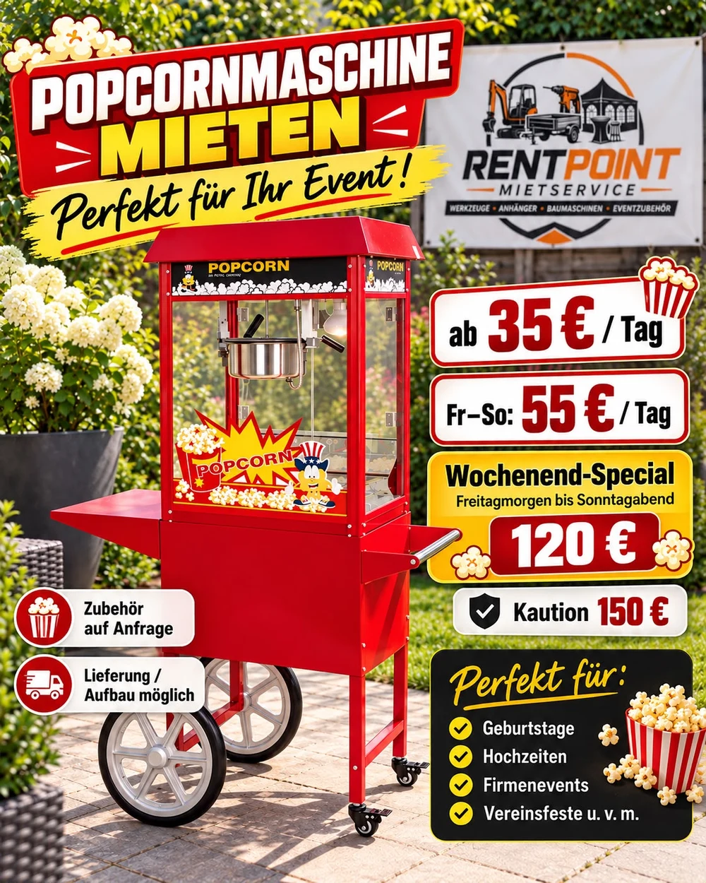 Rote Popcornmaschine mit Wagen, Mietpreise ab 35 Euro pro Tag