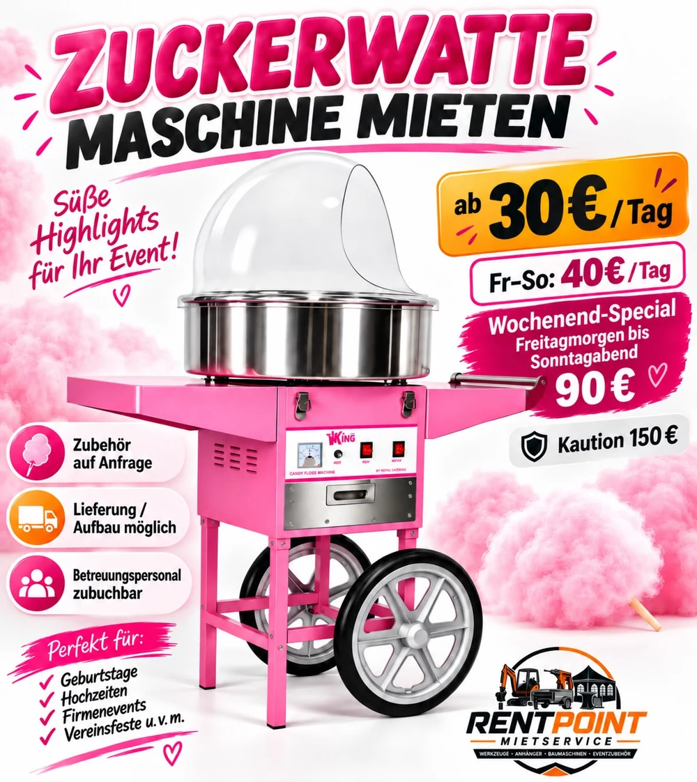 Pinke Zuckerwattemaschine mit Wagen, Mietpreise ab 30 Euro pro Tag